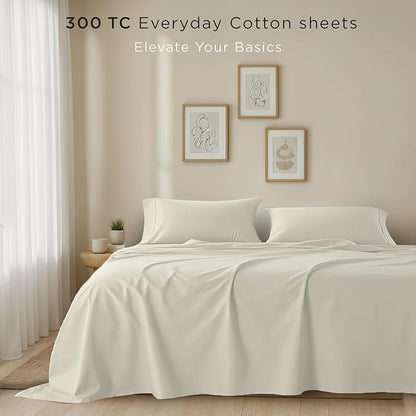Threadmill Cotton Queen Sheet Set | 100% Cotton Sheets for Queen Size Bed | Solid Sateen Queen Bed Sheets Set with 16” Deep Pocket | Soft Breathable 4-Piece Cooling Bedding Sheet Set | Ivory
