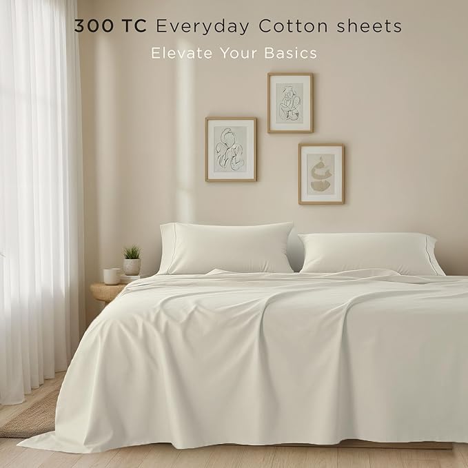 Threadmill Cotton Full Size Sheet Set| 100% Cotton Sheets for Full Size Bed | Solid Sateen Full Bed Sheets Set with 16” Elasticized Deep Pocket | Soft Breathable 4-Piece Cooling Sheet Set | Ivory