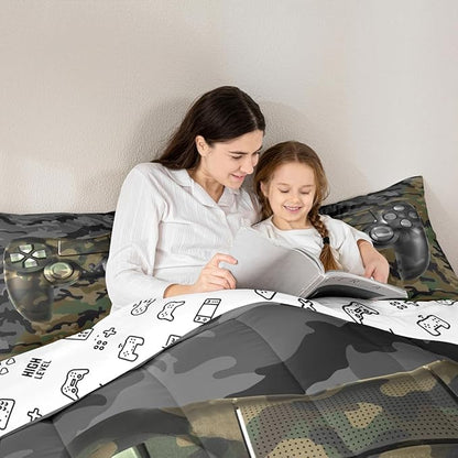 Feelyou Kids Gamer Comforter Set Camouflage Gaming Bedding Set for Boys Teens Bedroom Green Black Camo Video Game Decor Comforter Gamer Console Quilt Set Toddler Size Duvet Quilted 2Pcs