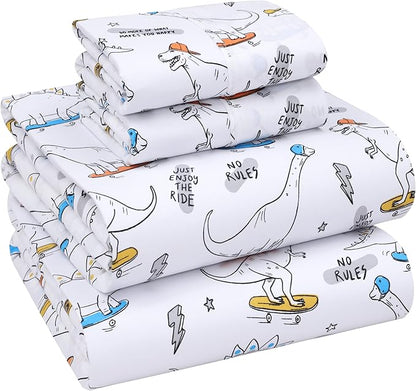 RUVANTI 100% Cotton Sheets – Queen Size Percale Bedding, Cooling & Breathable Floral Design, Durable with a Crisp, Soft & Comfortable Feel, 16" Deep Pocket, 4-Piece Set, Dino