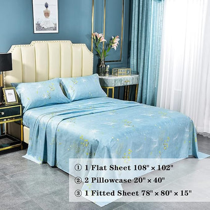 JSD Dandelion Floral Print Sheet Set King, 4 Piece Brushed Microfiber Sheets Extra Deep Pocket, Ultra Soft Bedding Sheets