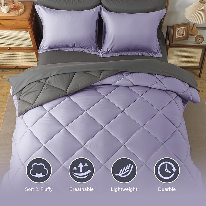 Cosybay Bed in a Bag Full Reversible Comforter Sets 7pcs All Season Down Alternative Bedding Sets Lavender and Grey with Comforter, Pillow Shams, Flat Sheet, Fitted Sheet and Pillowcase