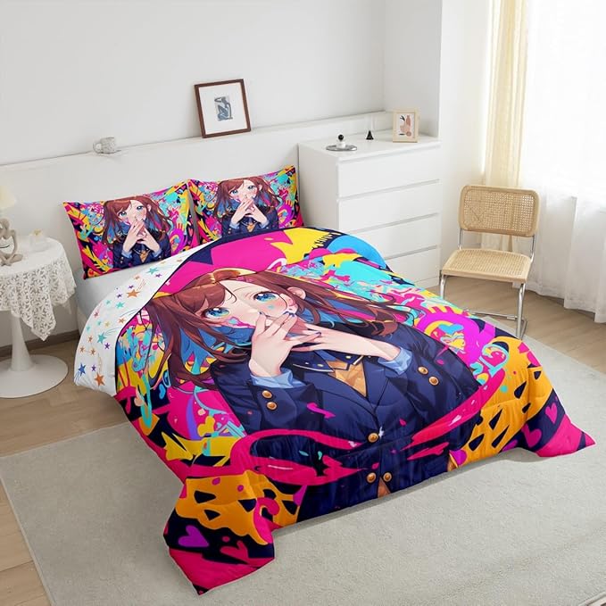 Erosebridal Anime Girl Toddler Bedding Set, Japanese Anime Comforter Set 3 Piece for Kids Girls Teens Adult Bedroom Decor, Cartoon Girl Quilt Kawaii Japanese Animation Bedding Comforter Sets