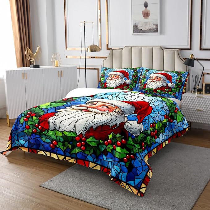 Santa Claus Kid Bedspread Queen Size,Merry Christmas Happy New Year Western Holiday Coverlet Set,Boys Girls Room Decor,Poinsettia Flower Geometric Quilted Coverlet,Xmas Bedding Quilt,2 Pillowcases