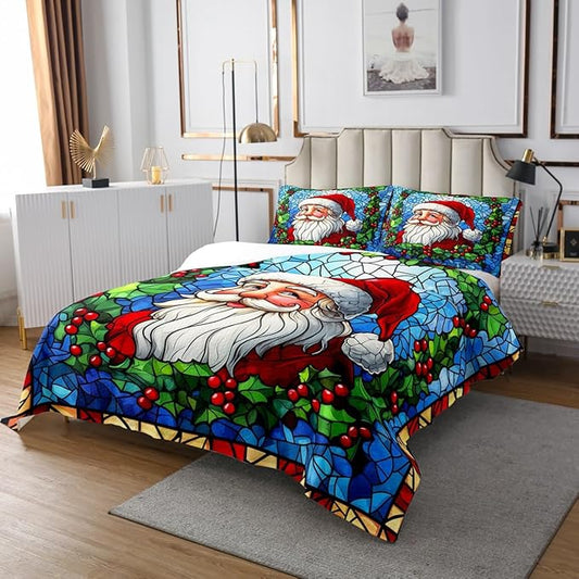 Santa Claus Kid Bedspread Twin Size,Merry Christmas Happy New Year Western Holiday Coverlet Set,Boys Girls Room Decor,Poinsettia Flower Geometric Quilted Coverlet,Xmas Bedding Quilt,1 Pillowcase