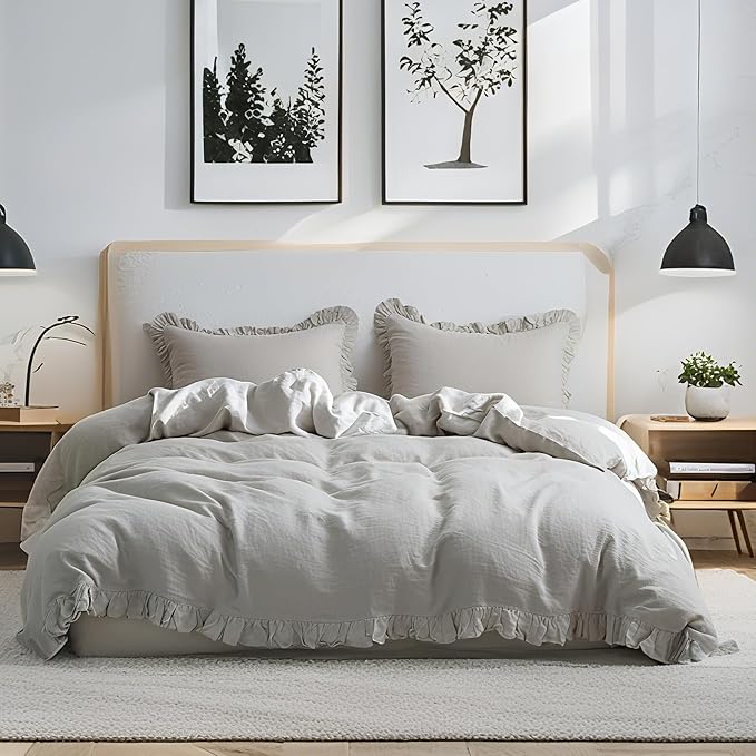 Simple&Opulence 100% Linen Duvet Cover Set, 3 PCS Natural French Flax Light Grey Ruffle Duvet Cover Queen Size, Breathable Comfy Linen Bedding Comforter Cover with 2 Pillowcases(Light Grey, 88" X 92")