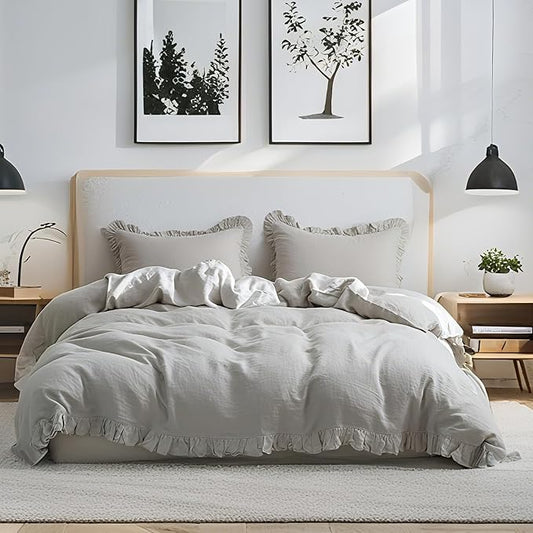 Simple&Opulence 100% Linen Duvet Cover Set, 3 PCS Natural French Flax Light Grey Ruffle Duvet Cover Queen Size, Breathable Comfy Linen Bedding Comforter Cover with 2 Pillowcases(Light Grey, 88" X 92")