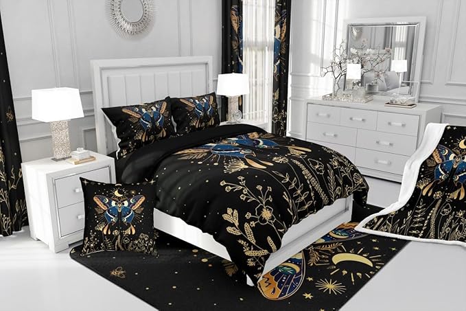 Erosebridal Butterfly Bedding Set Full, Halloween Boho Moth Comforter Set for Adult Women Men 3Pcs,Black Starry Sky Down Comforter Boho Exotic Moon Star Comforter Flower Weed Botanical Duvet Insert