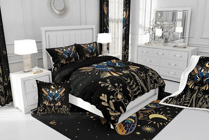 Erosebridal Butterfly Bedding Set King, Bohemian Moth Comforter Set for Adult Women Men 3Pcs,Black Starry Sky Bedding Comforter Sets Halloween Exotic Moon Star Bedding Flower Weed Botanical Duvet Set
