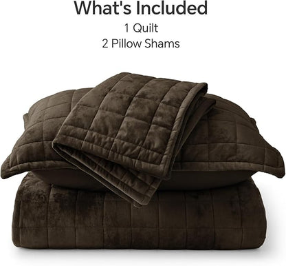BEDELITE Velvet Quilt Set King Size - Luxury Velvet Comforter Bedding Set 3 Pieces, Lightweight Soft Cozy Mocha Brown Oversized Bedspread Coverlet for All Seasons with 2 Pillow Shams