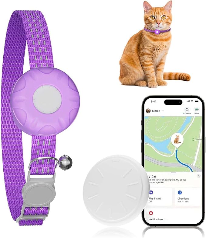 Cat Tracker, MINI GPS Tracker, Compatible with Apple Find My App(Only iOS), Waterproof Cat Trackers Collar with Bell and Safety Elastic Buckle, No Monthly Fee Pet Tracker,Purple