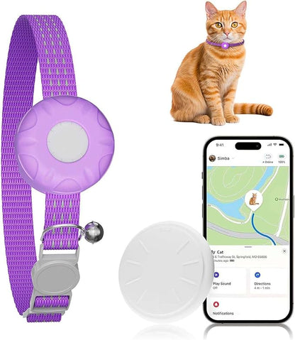 Cat Tracker, MINI Pet Tracker for Cats, No Monthly Fee, Waterproof Cat GPS Tracker, Compatible with Apple Find My App(Only iOS), Real-Time Tracking, Precise Positioning, Smart Alerts,Purple