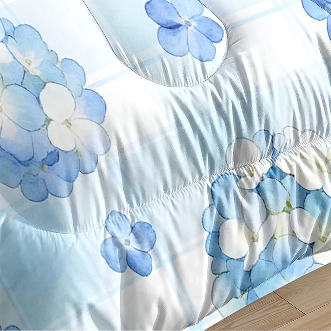 Girls Women 3Pcs Blue Hydrangea Comforter Set, Botanical Floral Bedding Set Full Size, Cottage Bed Sets with 1 Comforter 79"x 90" and 2 Pillowcases