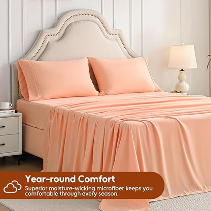 King Size Sheets Set, 4 Pieces Hotel Luxury Soft Microfiber Bed Sheets Set, Up to 16" Deep Pockets, Oeko-Tex Sheets with Elastic, Breathable, Wrinkle Free (Peach Pink, King)