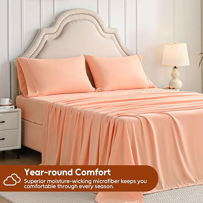 Twin Sheets Set, 3 Pieces Hotel Luxury Soft Microfiber Bed Sheets Set, Up to 16" Deep Pockets, Oeko-Tex Sheets with Elastic, Breathable, Wrinkle Free (Peach Pink, Twin)