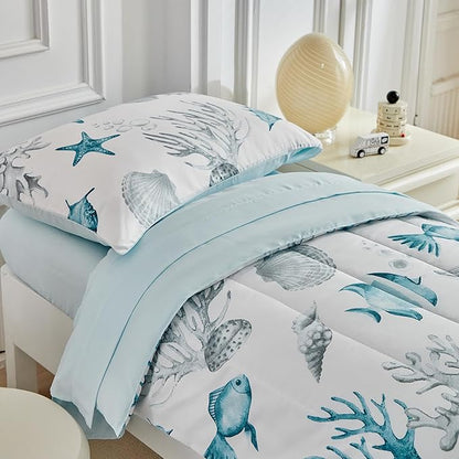 White Toddler Bedding Set for Boys Girls Water Blue Colorful Ocean Starfish Shell Aquatic Plant 4PC Toddler Bed Set - Soft Blue Cute Toddler White Bed in a Bag with Sheet Set and Pillow Shams