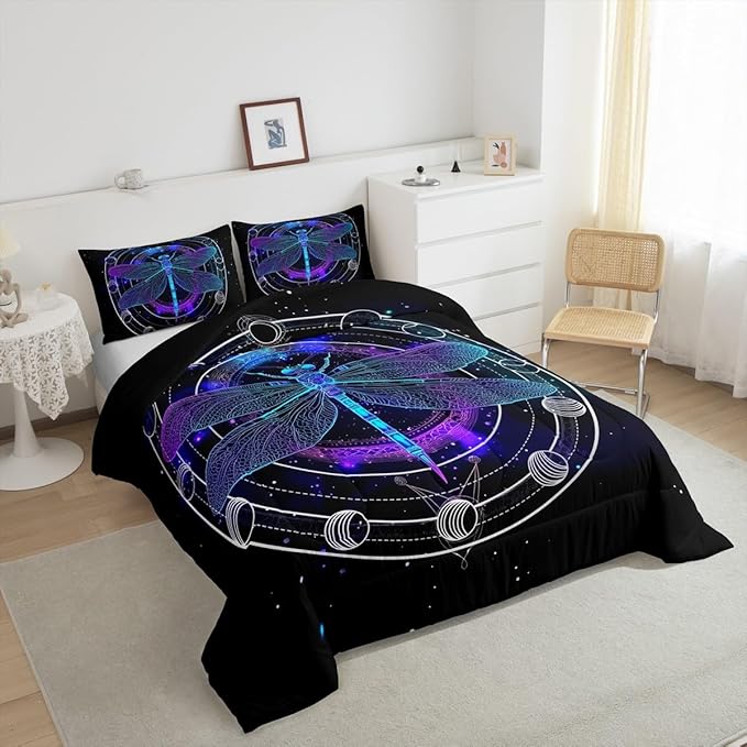 Death Dragonfly Duvet Insert Twin,Gothic Sun Moon Bedding Set for Kids Teens Boys Girls Room Decor,Galaxy Universe Comforter Set Trippy Geometric Quilted Duvet Set with 1 Pillowcase,Black Purple