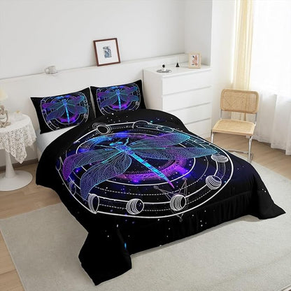 Death Dragonfly Duvet Insert Twin,Gothic Sun Moon Bedding Set for Kids Teens Boys Girls Room Decor,Galaxy Universe Comforter Set Trippy Geometric Quilted Duvet Set with 1 Pillowcase,Black Purple