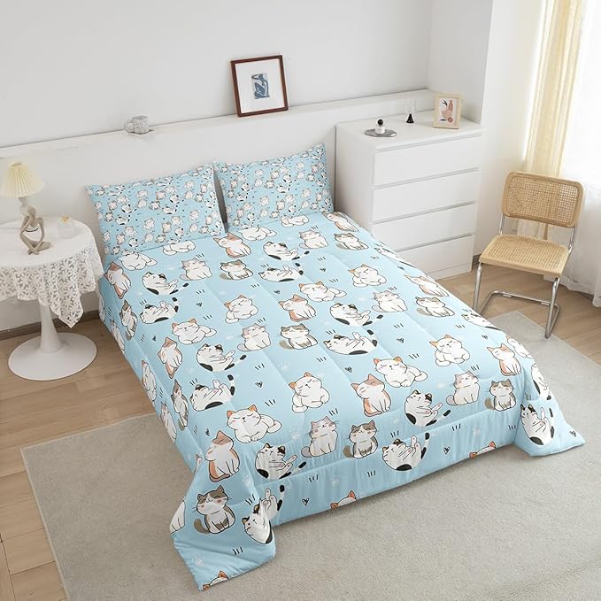 Erosebridal Cat Duvet Insert King, Kawaii Garfield Cat Bedding Set for Kids Boys Girls, Paw Print Love Heart Comforter Set, Cartoon Animals Soft Quilt 3 Pieces, Blue