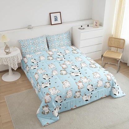 Erosebridal Cat Duvet Insert King, Kawaii Garfield Cat Bedding Set for Kids Boys Girls, Paw Print Love Heart Comforter Set, Cartoon Animals Soft Quilt 3 Pieces, Blue