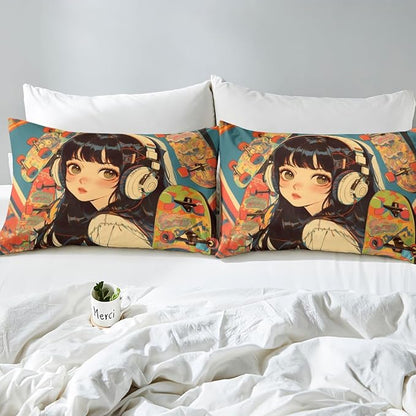 Erosebridal 3Pcs Anime Bedding Set Fashion Street Girls Fitted Sheet 3D Cartoon Printed Comfortable Soft Bed Sheets for Kids Boys Girls Teens Tattoo Watercolor Art Japanese Style Sheets Full Size