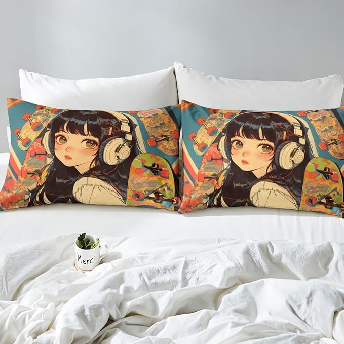 Erosebridal 3Pcs Anime Bedding Set Fashion Street Girls Fitted Sheet 3D Cartoon Printed Comfortable Soft Bed Sheets for Kids Boys Girls Teens Tattoo Watercolor Art Japanese Style Sheets Queen Size