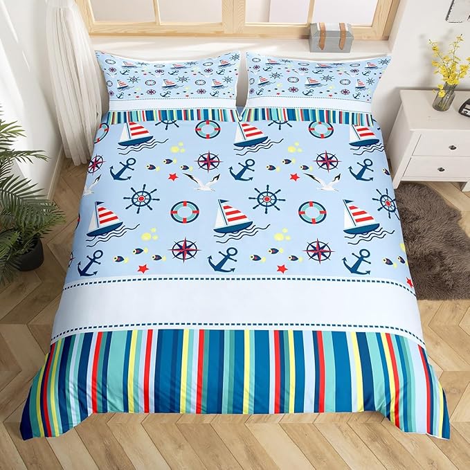 Castle Fairy Nautical Anchor Bedding Set Ocean Fish Seagull Blue Duvet Cover Set Outdoor Adventure Comforter Cover Red Blue Stripes Bedroom Quilt Cover Full with 2 Pillowcase,No Comforter