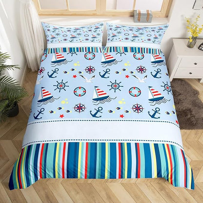 Castle Fairy Nautical Anchor Bedding Set Ocean Fish Seagull Blue Duvet Cover Set Outdoor Adventure Comforter Cover Red Blue Stripes Bedroom Quilt Cover King with 2 Pillowcase,No Comforter