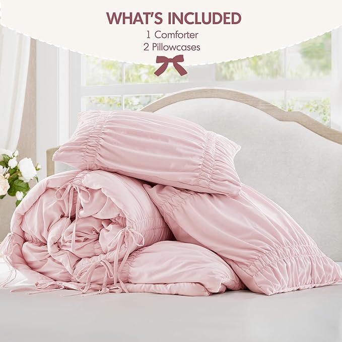 Intelligent Design Queen Comforter Set Ruched Shabby Chic Comforters for Queen Size Bed, All Season Lightweight Comforter Queen, French Country Bedding Set, Shams, Ella, Full/Queen, Pink 3 Piece