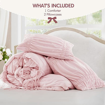 Intelligent Design Queen Comforter Set Ruched Shabby Chic Comforters for Queen Size Bed, All Season Lightweight Comforter Queen, French Country Bedding Set, Shams, Ella, Full/Queen, Pink 3 Piece