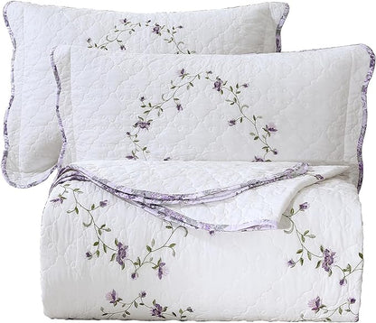 vctops 3-Piece Elegant Floral Embroidered Bedspread Coverlet Set 100% Cotton Reversible Patchwork 1 Quilt and 2 Pillow Shams Full/Queen, Purple