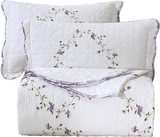 vctops 3-Piece Elegant Floral Embroidered Bedspread Coverlet Set 100% Cotton Reversible Patchwork 1 Quilt and 2 Pillow Shams Full/Queen, Purple