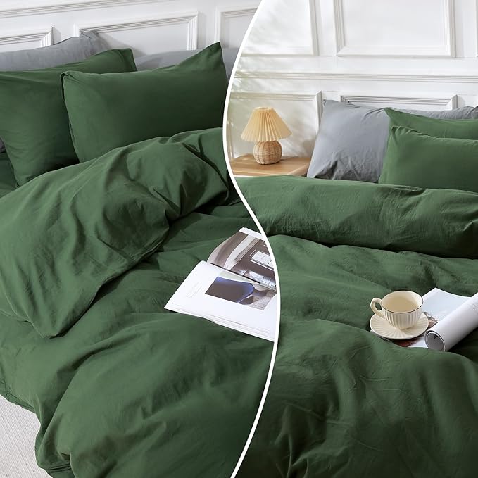 NEXHOME PRO Duvet Cover Set California King Linen Look Textured Organic Natural 100% Washed Cotton Duvet Cover 3 Pieces Bedding Set with Zipper Closure, Breathable, Forest Green (No Comforter)