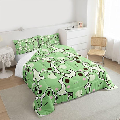 Frog Comforter Set Twin Size, Cartoon Frog Bedding Set For Kids Boys Girls Teens, Kawaii Green Wild Animals Down Comforter, Cute Wildlife Farmhouse Rustic Funny Quilt Set 1 Pillow Case Bedroom Decor