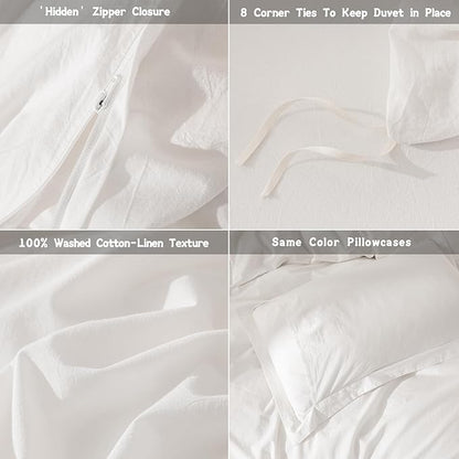Soft Breathable Cozy Off White Duvet King Size 100% Washed Cotton Bedding Set Cover 1 Duvet Cover Zipper Closure and 2 Pillowcases, 104inch x 90inch