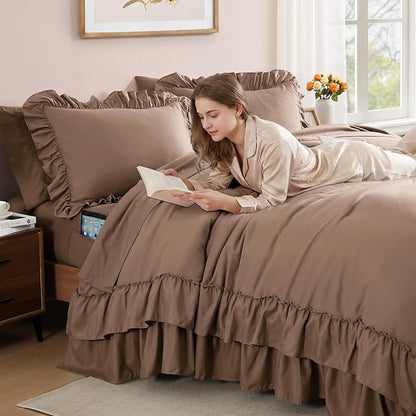 Queen Comforter Set Amber Brown, Ruffle Shabby Chic Bedding Set Farmhouse 7 Pieces, All Season Fluffy Bed in a Bag with Sheets, Pillowcases & Shams
