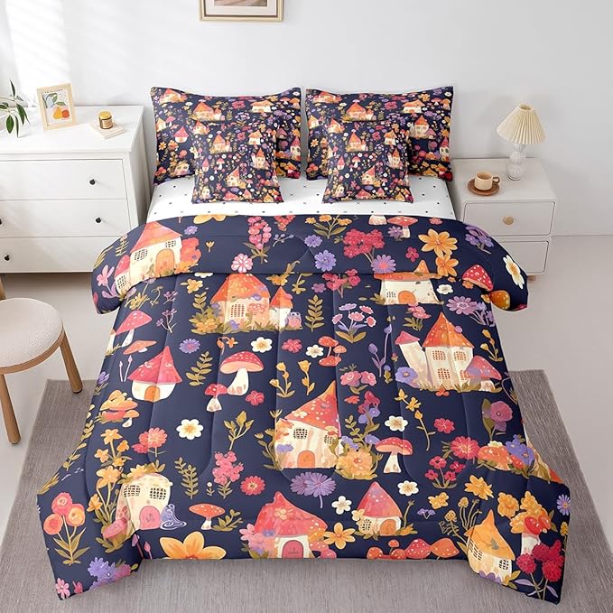 Castle Fairy Groovy Flowers 7 Pieces Bedding Set Twin Bed in a Bag,Watercolor Dreamy Flowers House Comforter Set for Bedroom Decor,Cartoon Jungle Mushroom Plants Soft Warm Microfiber Bedding
