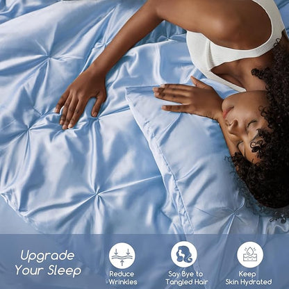 MR&HM Satin Comforter Twin XL 5 Pieces - Luxurious Pinch Pleat Bedding Set with Comforter, Flat Sheet, Fitted Sheet, Pillowcase & Sham, Super Silky Soft Bed Set for All Season (Twin XL, Light Blue)