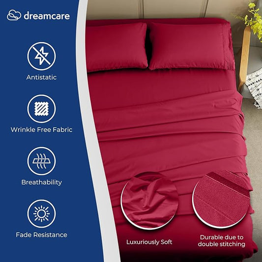 DREAMCARE Queen Size Sheets - Cooling Bed Sheets - 4pcs Set - up to 15" Deep Pocket Queen Sheet Set - Sheets Queen Size Bed - Soft & Long Lasting 100% Fine Brushed Polyester with Side Pocket -Brgndy