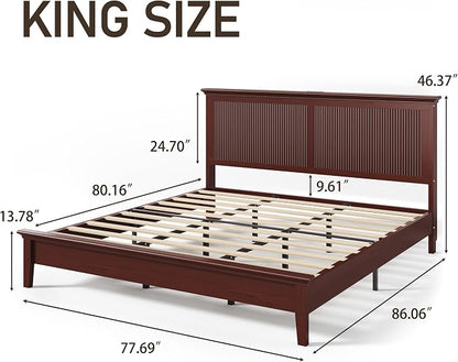 Lifezone King Bed Frame with Headboard, Solid Wood Bed Frame King Size with Charging Station & RGB LED, Wood Slats Support, Noise-Free, Sturdy Structure, Easy Assembly, Mahogany