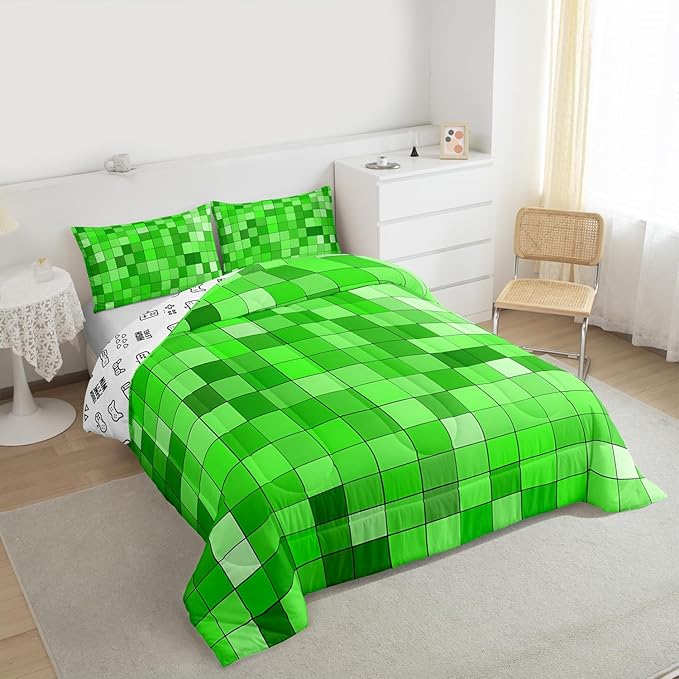 Geometric Grid Kids Bedding Set Queen Size,Patchwork Square Video Games Comforter Set，Gradient Gaming Quilt Comforter,Green Bedroom Duvet Insert,2 Pillowcases