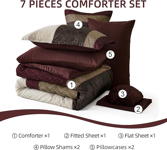 Dinjoy Boho Queen Comforter Set Burgundy,7 Piece Bed in a Bag Queen Size Warm Striped Dark Red Bedding Sets Plaid Fall Comforters Set with Sheets for Family All Season