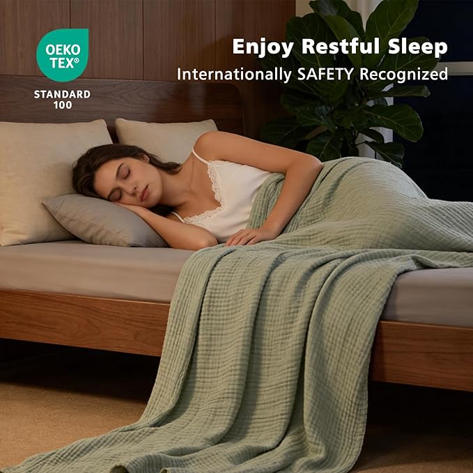 EMME Cotton Muslin King Blanket Bed Layering Bedspread Coverlet Breathable Gauze Soft Lightweight (Heather Sage Green, 108"x90")