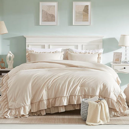 Cupocupa Beige Comforter Set – Twin XL Ruffle Farmhouse Bedding Set – Shabby Chic Fluffy Comforter for All Seasons – Includes Comforter & 1 Pillow Sham (Beige, Twin XL/Twin)