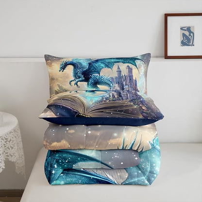 3D Dragon Bedding Set King Size Funny Fantasy Book Pattern Comforter Set for Kids Teens Room Decor Mid-Century Castle Duvet Insert Western Wild Animal Down Comforter Set,3Pcs