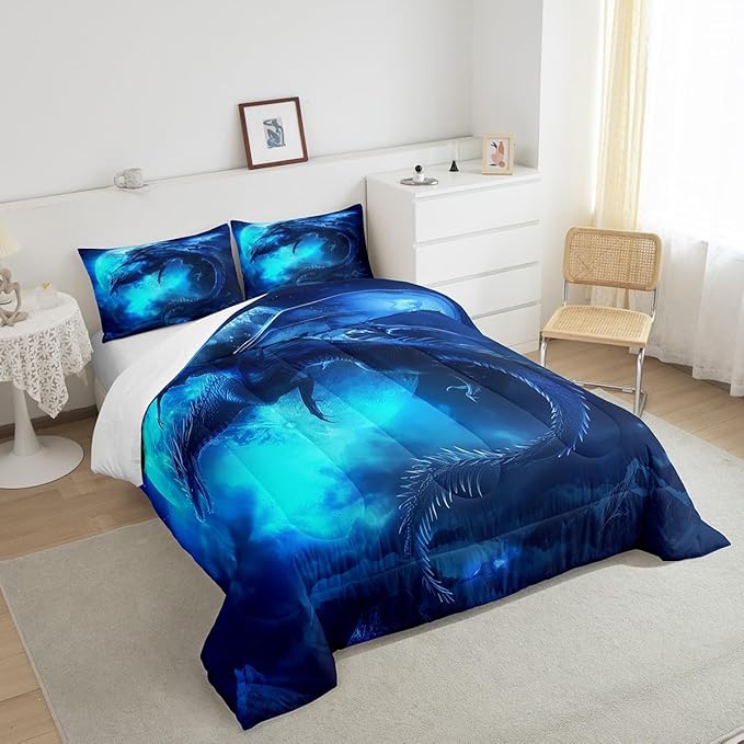 Dragon Moon Comforter Set Queen Size,Wildlife Magical Dinosaur Bedding Set for Kids Boys Girls Room Decor,3D Blue Dragon Printed Duvet Insert 3Pcs,Microfiber Soft Trippy Quilt Set,2 Pillowcases
