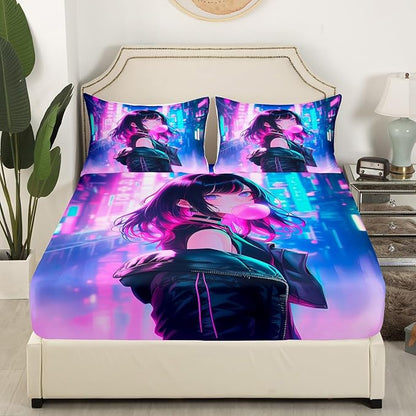Erosebridal Anime Girl Bedding Set Queen Size, Kawaii Japanese Anime Bed Sheets for Kids Boys Teens Adult Women, Cartoon Girl Fitted Sheet Japan Animation Bedroom Decor, Machine Washable