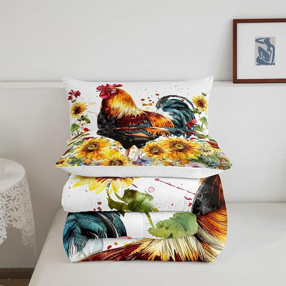 Erosebridal Sunflower Comforter Set Queen Size, Chicken Bedding Set, Yellow Floral Down Comforter, Watercolor Botanical Chick Animal Red Rooster Duvet Set, Tie Dye Quilted Duvet Bedroom Decor