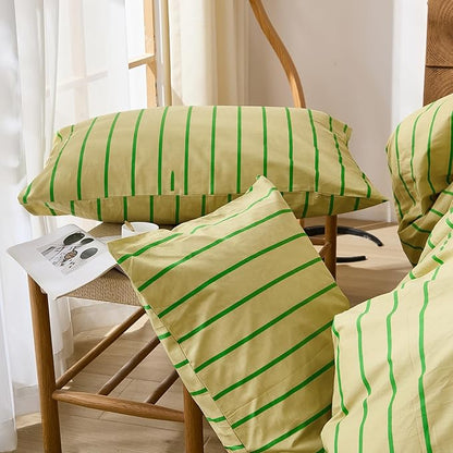 Merryword Striped Duvet Cover Set Queen Size - 100% Cotton Duvet Cover Set, Khaki & Green Stripes Pattern Comforter Cover 3 Pieces, Soft Linen Like Bedding Set for All Seasons
