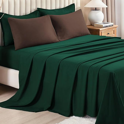 Litanika Queen Comforter Sets Brown Emerald Green- 7 Pieces Bed in a Bag Beddding Sets, Solid Lightweight Bed Set with Comforter, Sheets, Pillowcases & Shams
